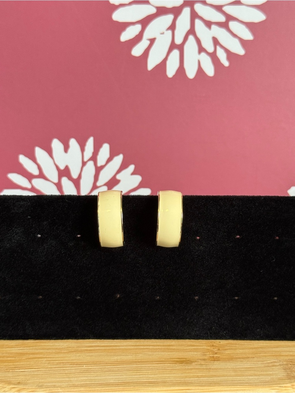 Vintage Monet Gold-tone Cream Enamel Hoop Clip-ons
